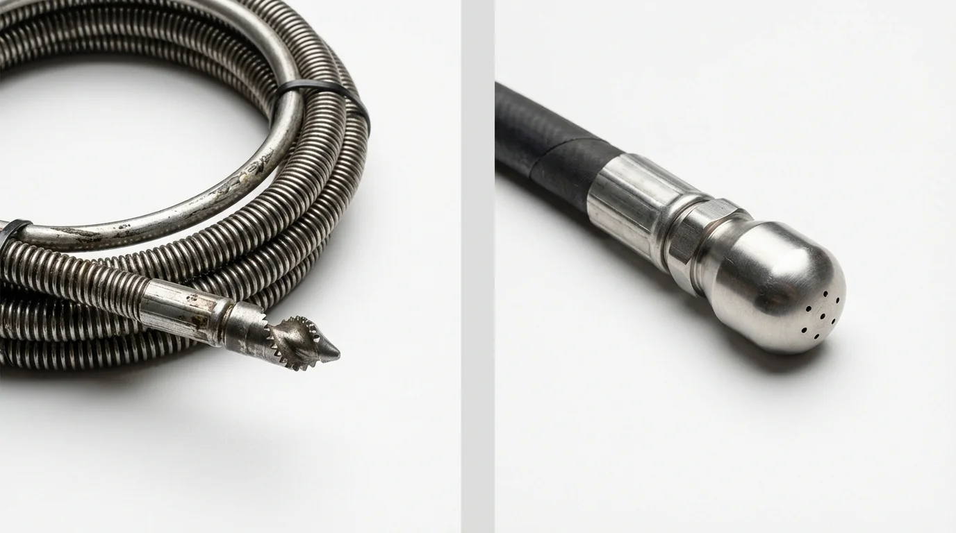 Drain snake cable and hydro jetting nozzle used for drain cleaning in Fountain Valley, CA