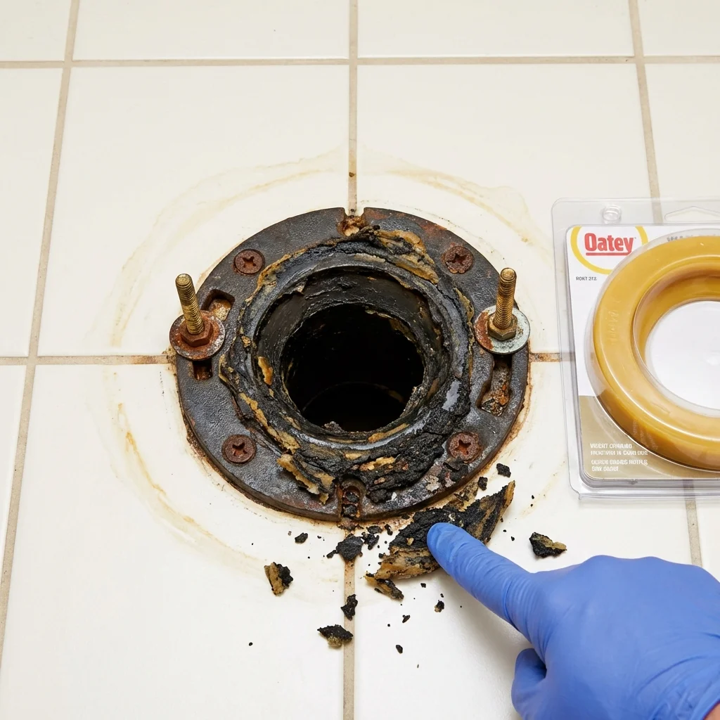 Failed wax ring showing water seepage at the base of a toilet in a Fountain Valley, CA home