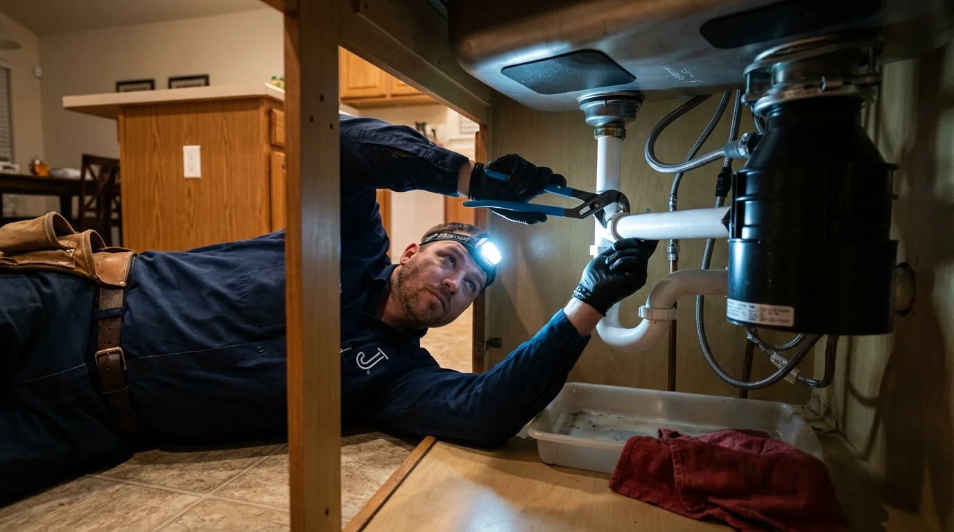 P-trap and supply line connections under a kitchen sink showing a common leak point in Fountain Valley, CA